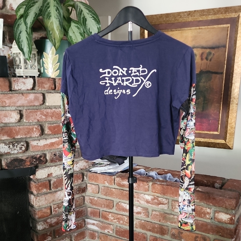 Ed Hardy Cropped Tattoo Graphic Long Sleeve Tee Y2K Navy XL - Picture 5 of 10